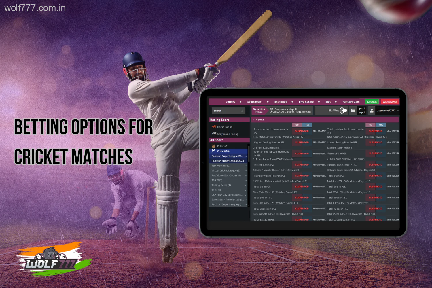 Wolf777 provides an extensive array of cricket betting markets, allowing every user to place bets in accordance with their individual strategy