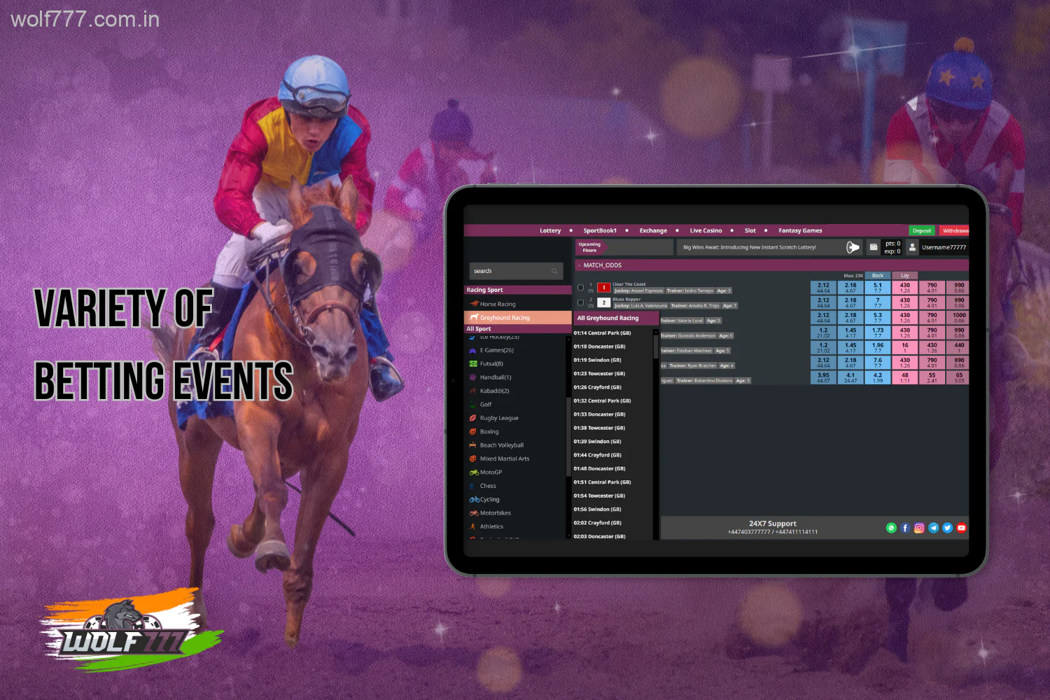 Indian users have the opportunity to place bets on a variety of official races at Wolf777