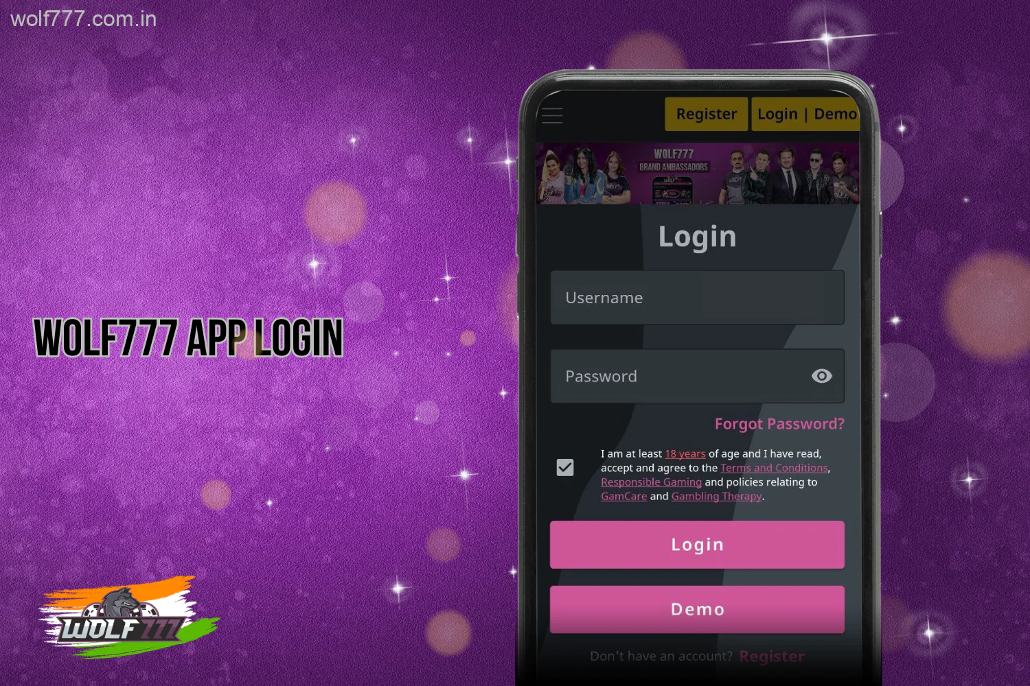 To log in to the Wolf777 app, users from India need to enter a username, password, and confirm the login