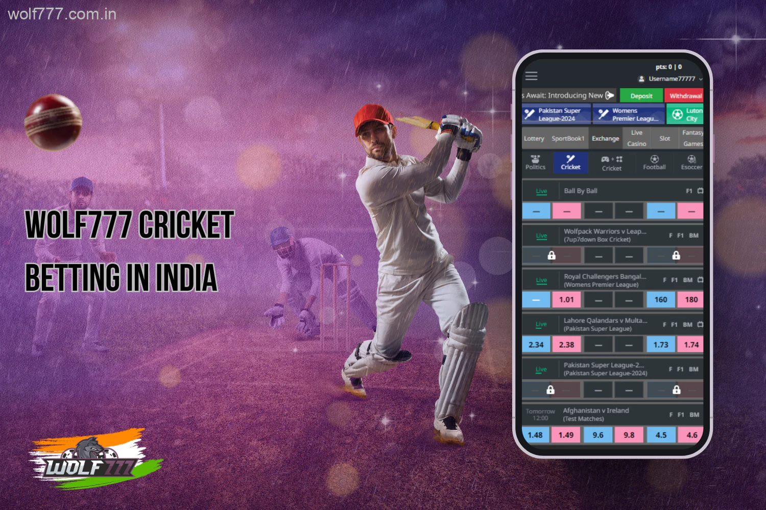 Wolf777 provides Indian users with a comprehensive selection of options for convenient cricket betting