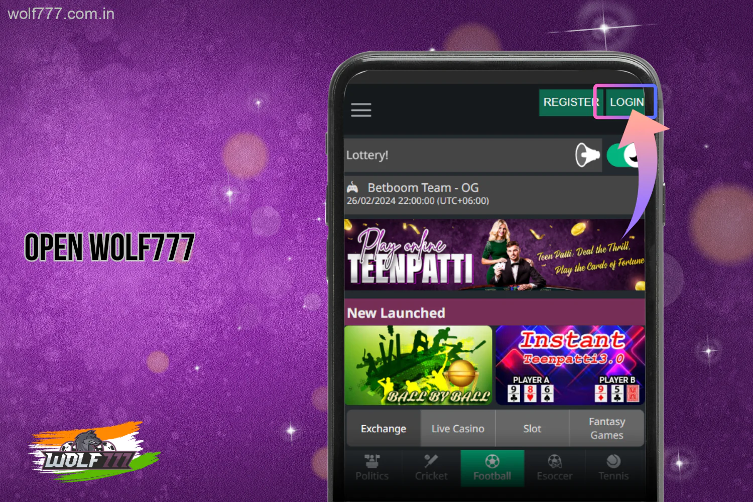 अपने वुल्फ777 खाते में लॉग इन करने के लिए, भारत के उपयोगकर्ताओं को सबसे पहले वेबसाइट या मोबाइल ऐप पर जाना होगा